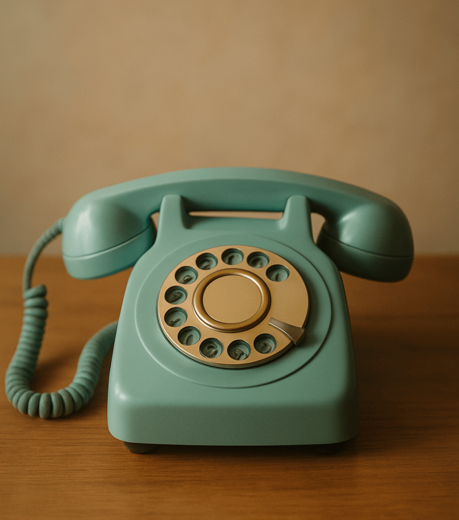 Un téléphone rétro de couleur verte sur une table en bois.